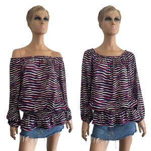 Michael Kors Red White Blue Black Stripe Tunic Blouse Off Shoulder - Size 1X